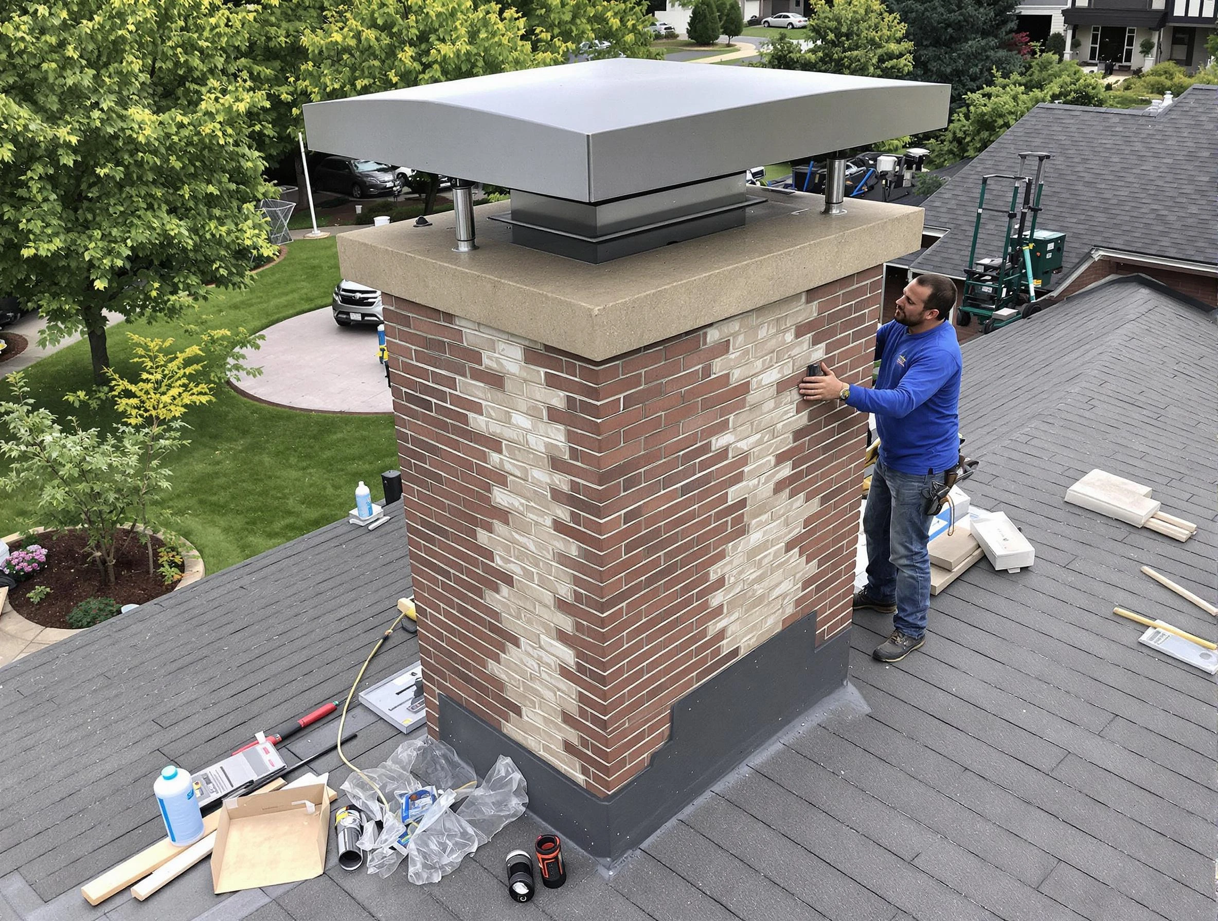 Woodmoor Chimney Sweep team working on a custom chimney remodel in Woodmoor, CO